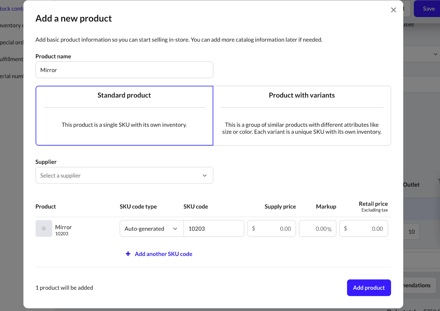 Add a new product pop-up.