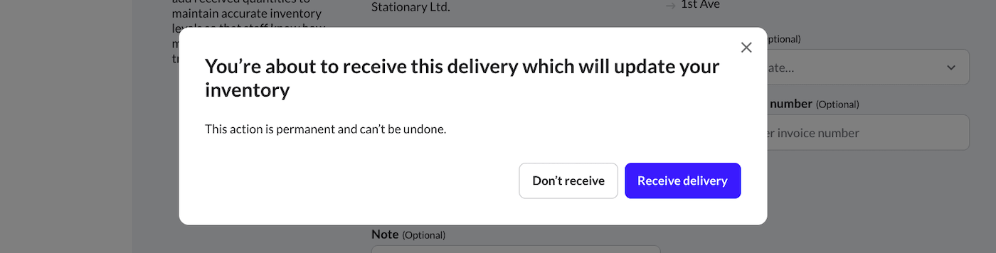 Pop-up confirming receipt of delivery, which can't be undone.