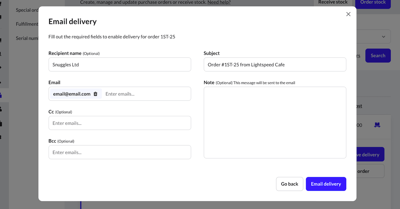 Email delivery pop-up with Recipient name, Email, Cc, Bcc, Subject, and Note fields.