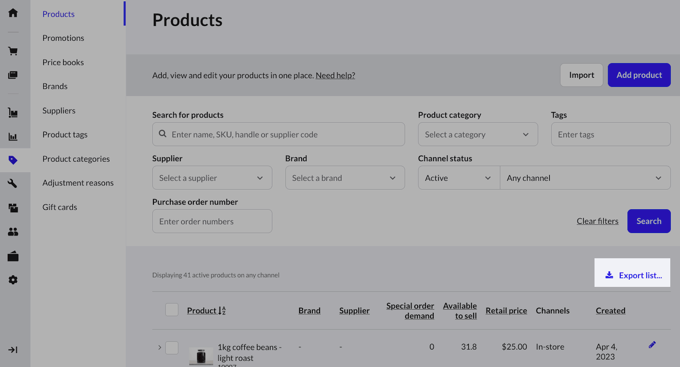 Products page with Export list highlighted.