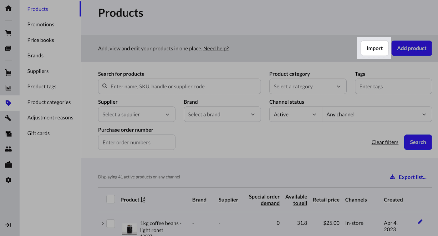 Product page with Import button highlighted.