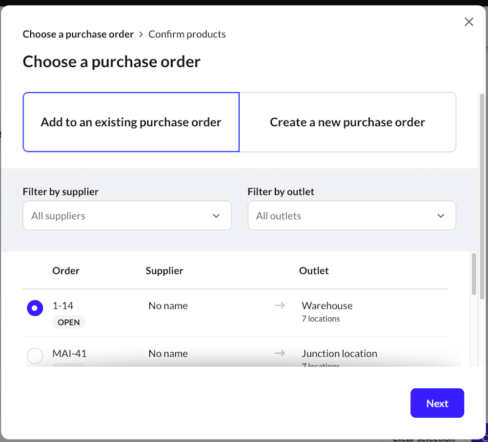 Add to existing purchase order option.