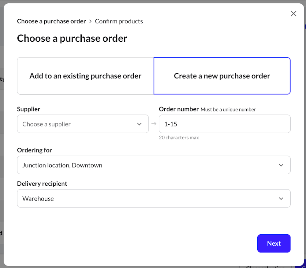 Create new purchase order option.