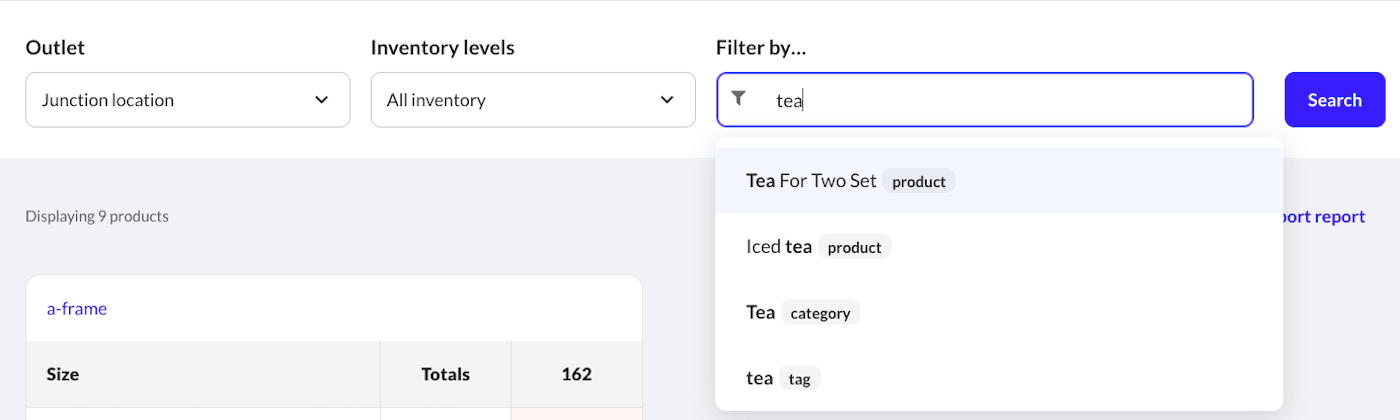 Outlet, inventory levels, and filter dropdowns.