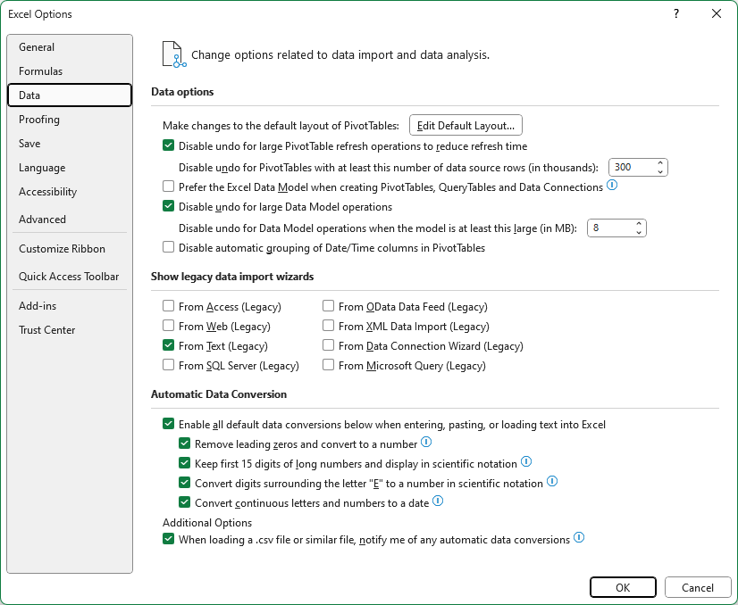 Options window with Data tab displayed. Under Show legacy data import wizards, From Text (Legacy) is checked.