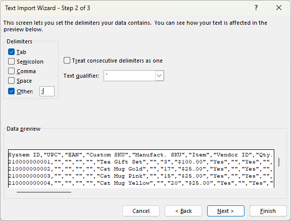 Text Import Wizard window with list of Delimeters, where Tab and Other are selected and a semicolon entered in the Other field.