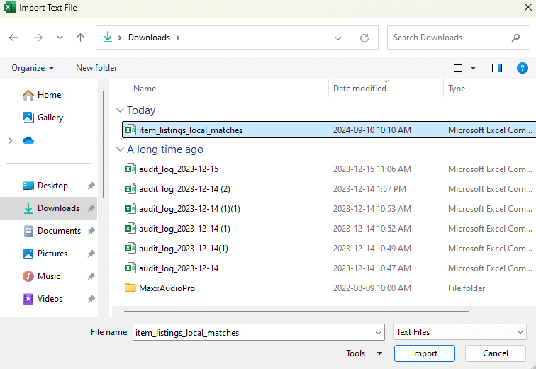 Import Text File window displaying selected import file, with options to Import or Cancel.