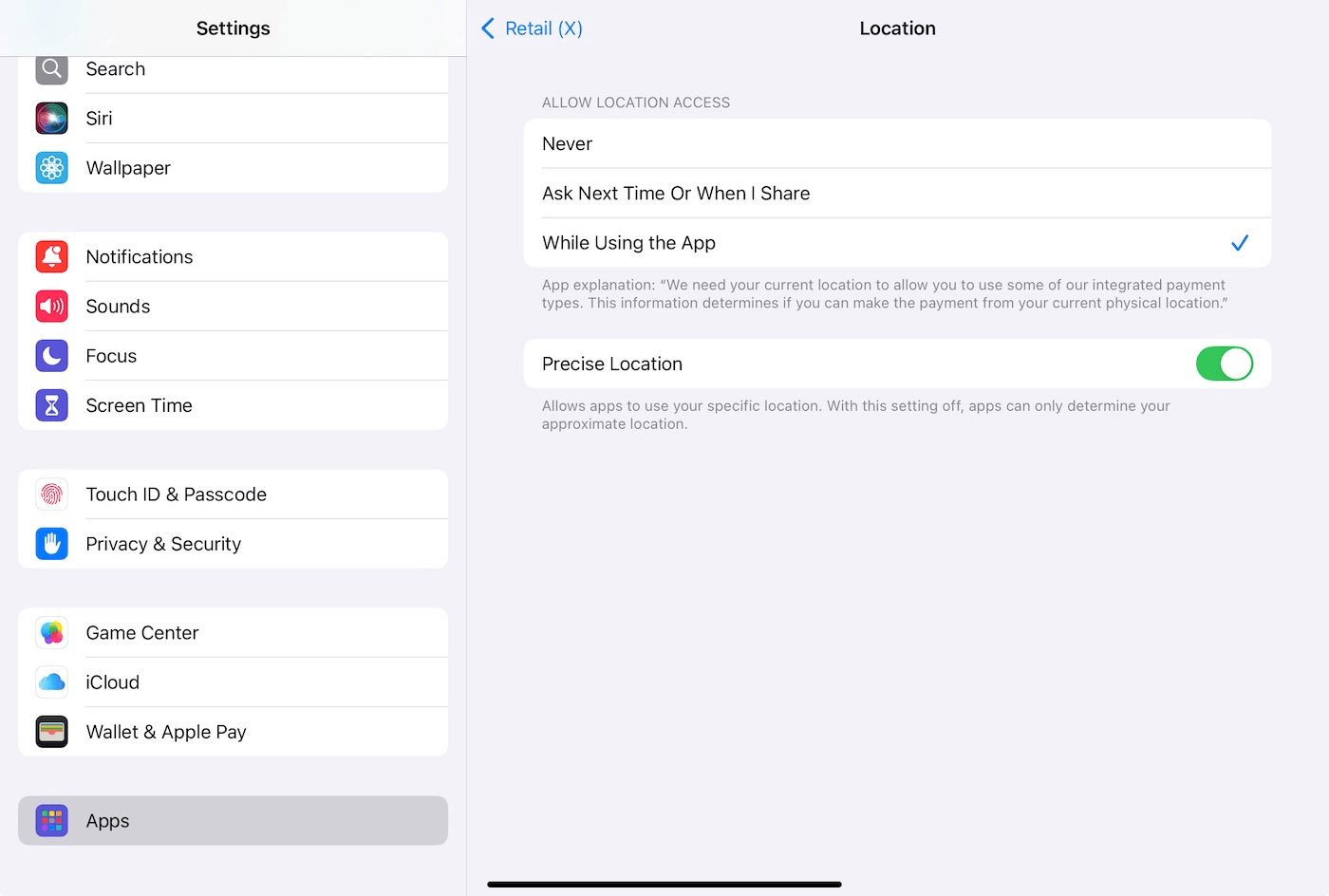 Page des réglages de localisation de l'iPad.