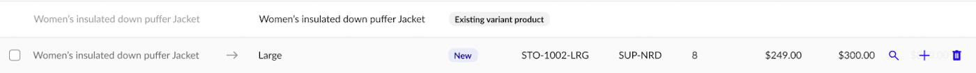 Product row in hover state showing icons to find, add, or delete a product.