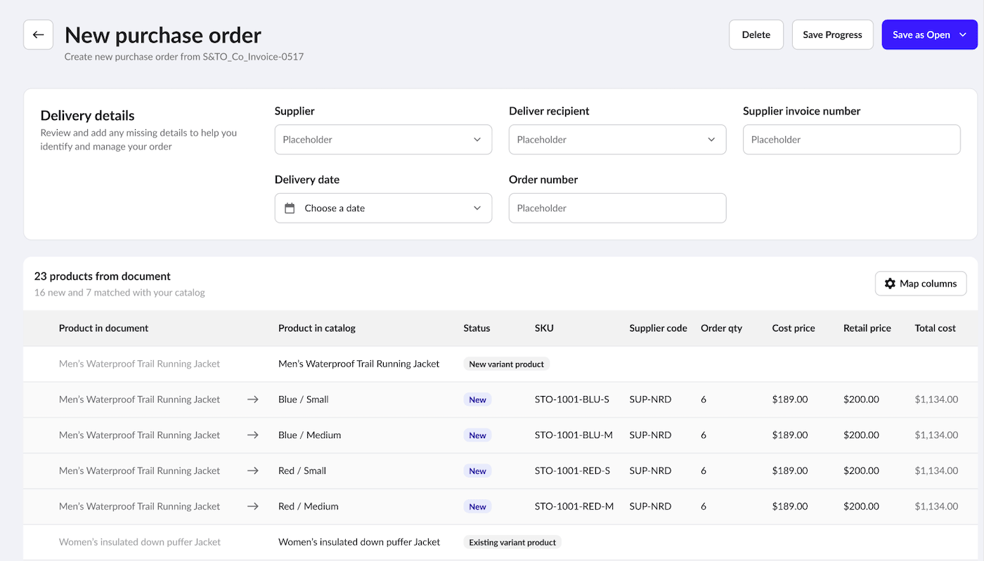 New purchase order page with imported product rows.