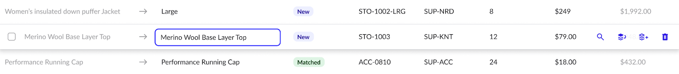 Product row in hover state showing icons to find a match, update variants, or delete the product.