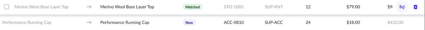 Product row in hover state showing icons to unlink or delete a product.