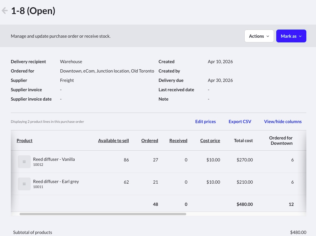 A purchase order displaying the product table.