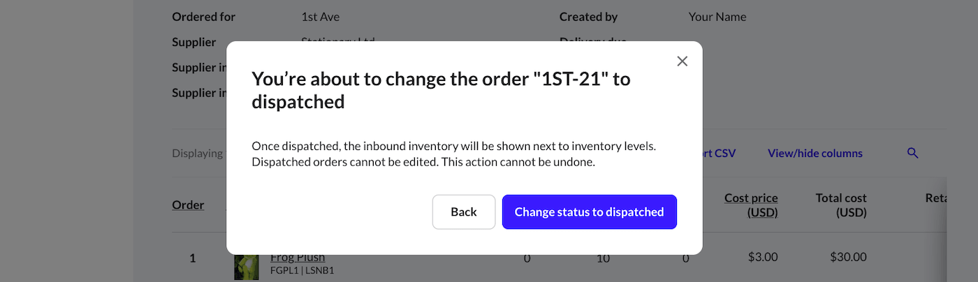 Pop-up confirming order status will be changed to Dispatched.
