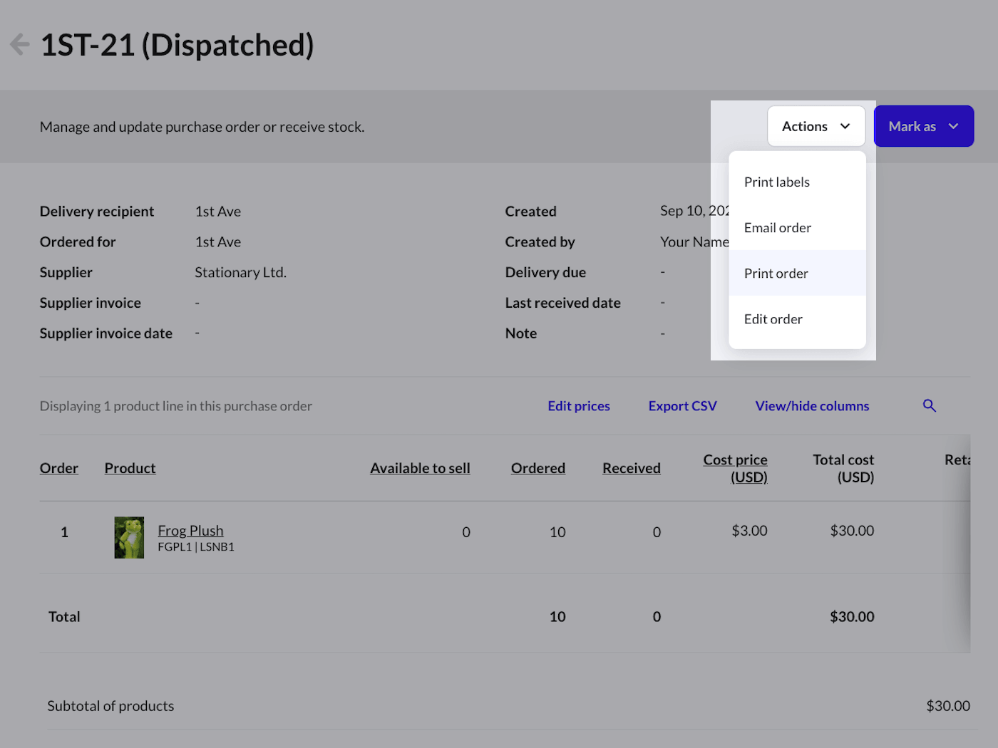 Order page with Actions selected and dropdown list highlighted.