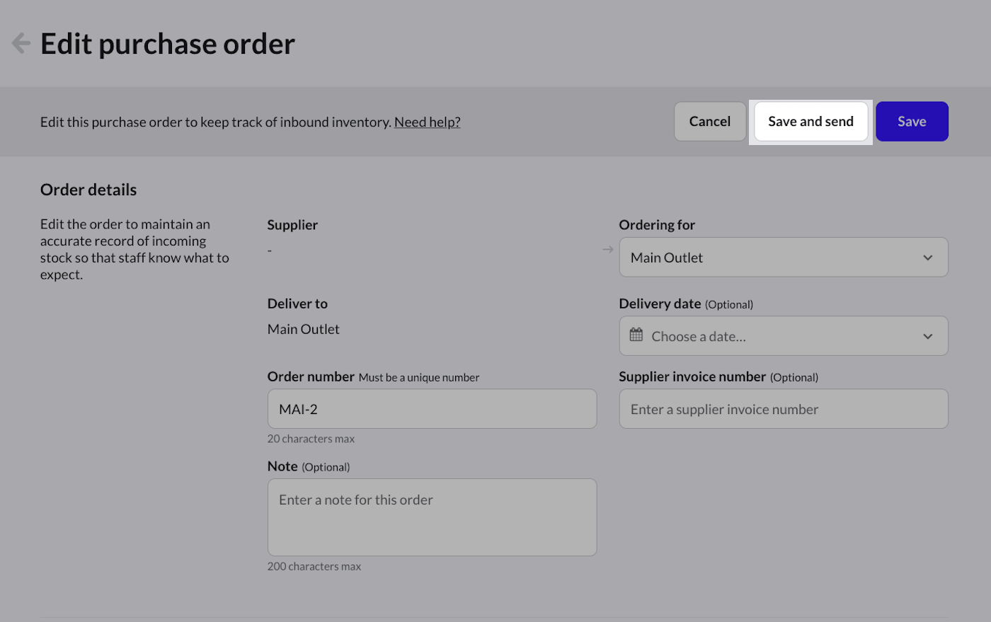 Edit purchase order page with Save and send option emphasized.