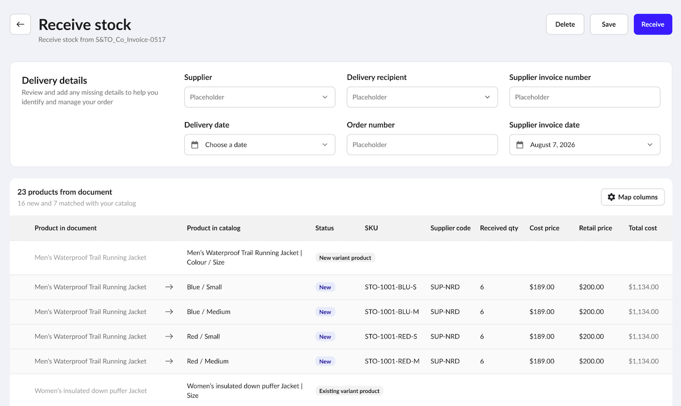 Receive stock page with imported product rows.