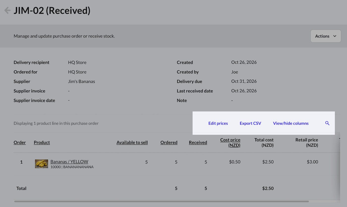 Purchase order overview page with highlighted options, including Edit price.