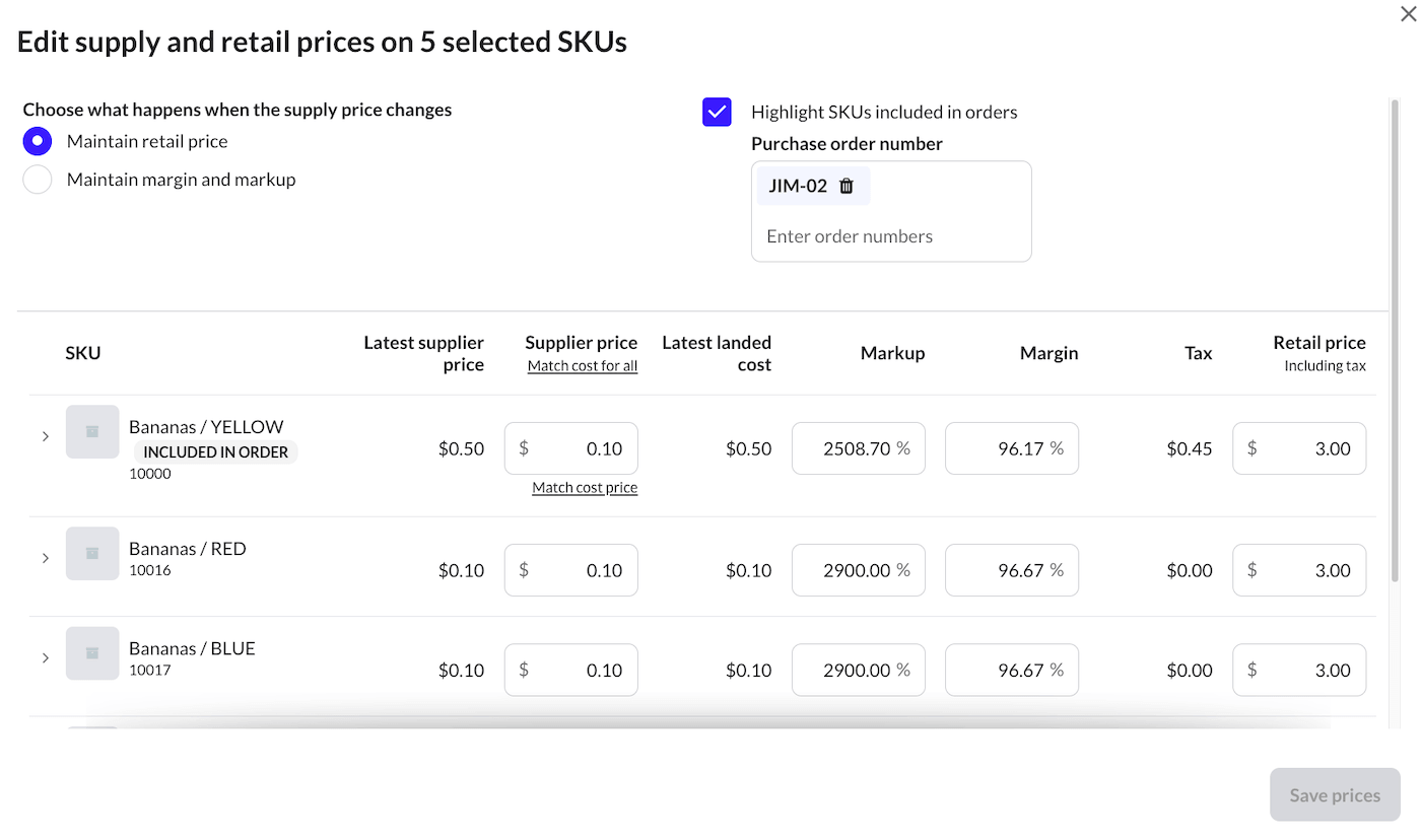 Edit supply and retail prices on selected SKUs pop-up.