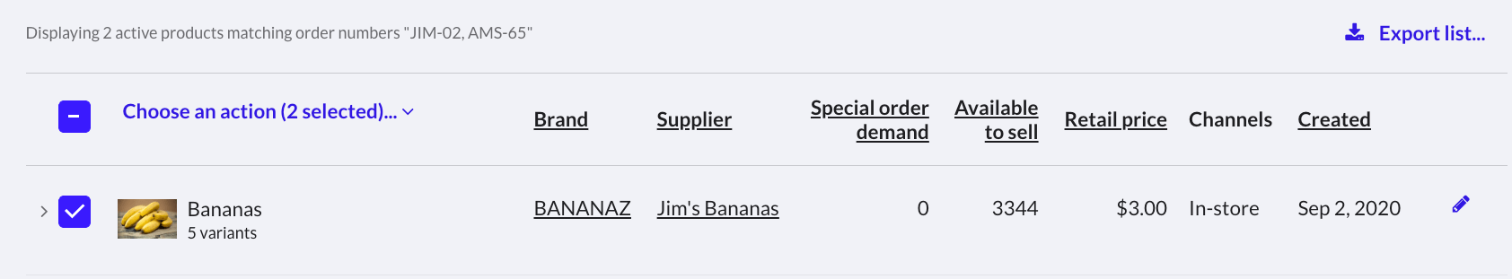 Selected products.