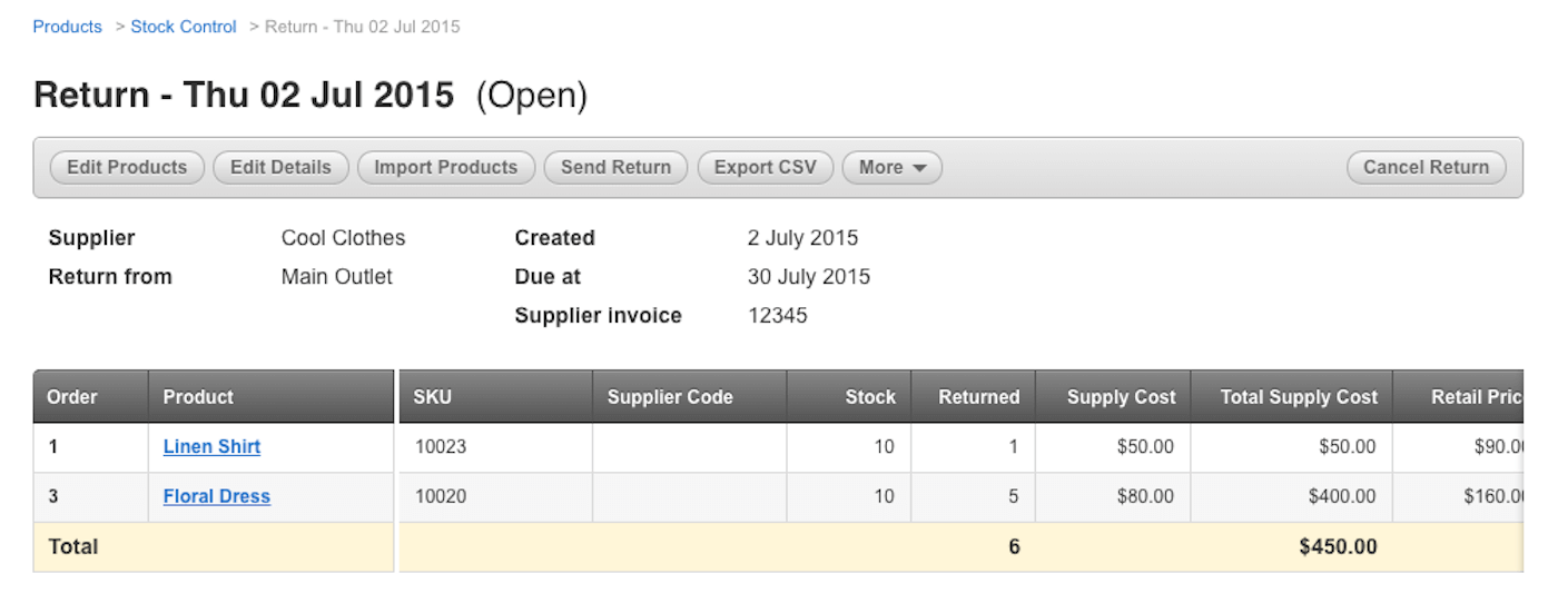 Finalized stock return ready to be sent