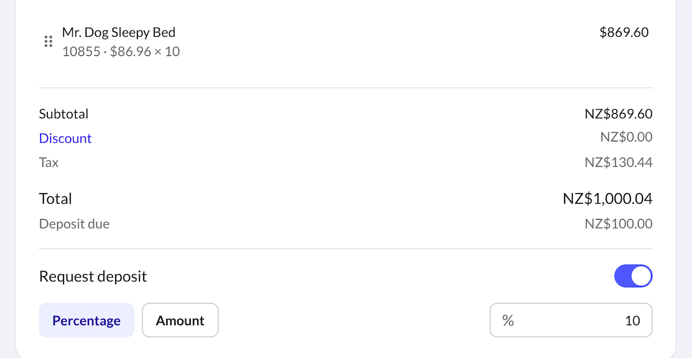 Bottom of quote with Request deposit toggled on.
