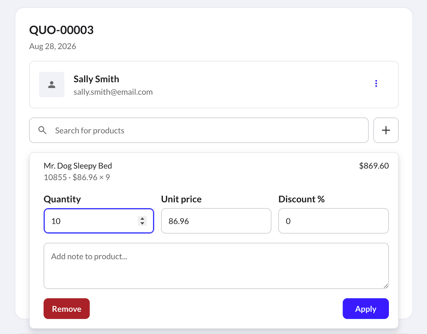 Draft quote with adjusted quantity and option to Apply or Remove product changes.