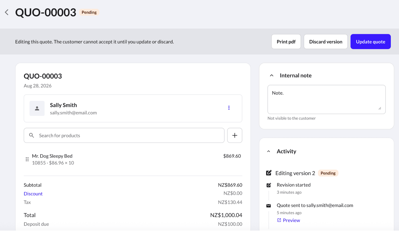 Edit quote page with Pending status.