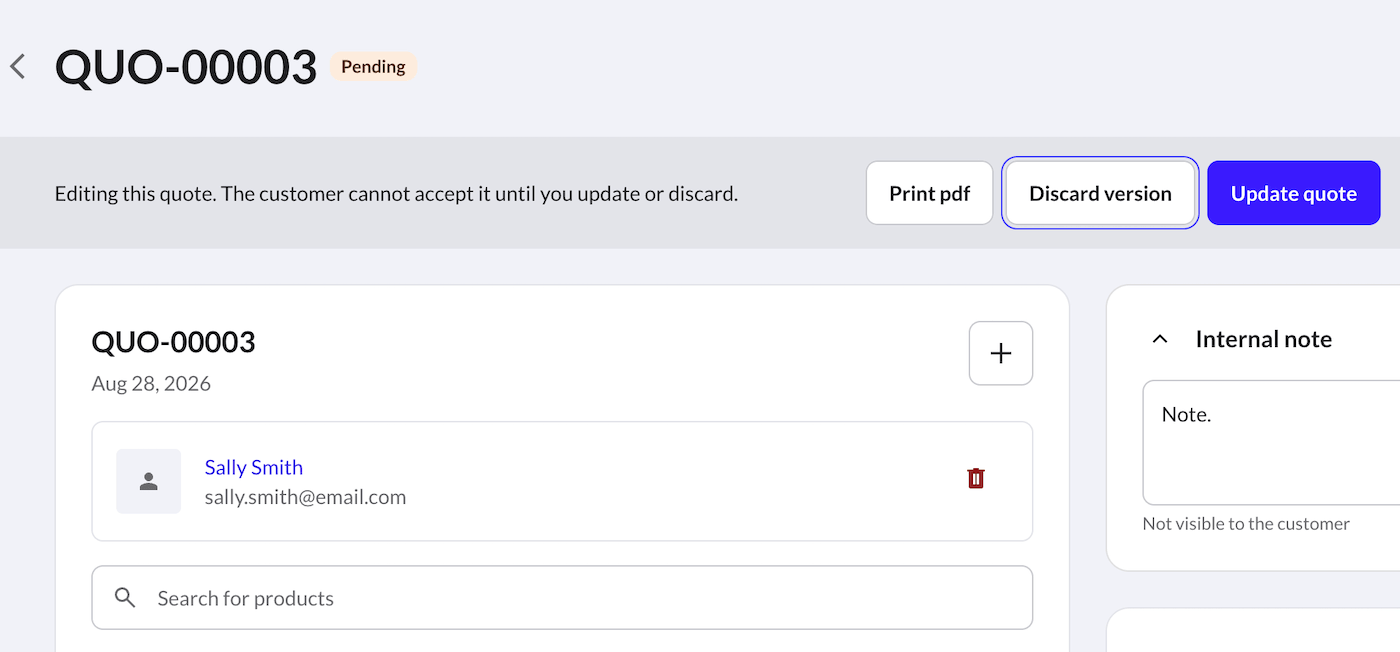 Quote page with Discard version button.