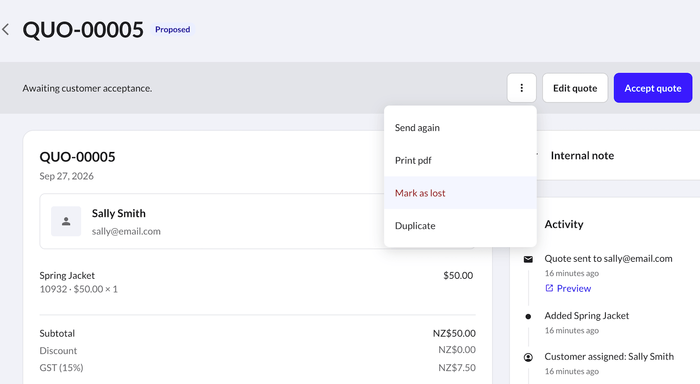 Quote page with more options dropdown active and Mark as lost highlighted.
