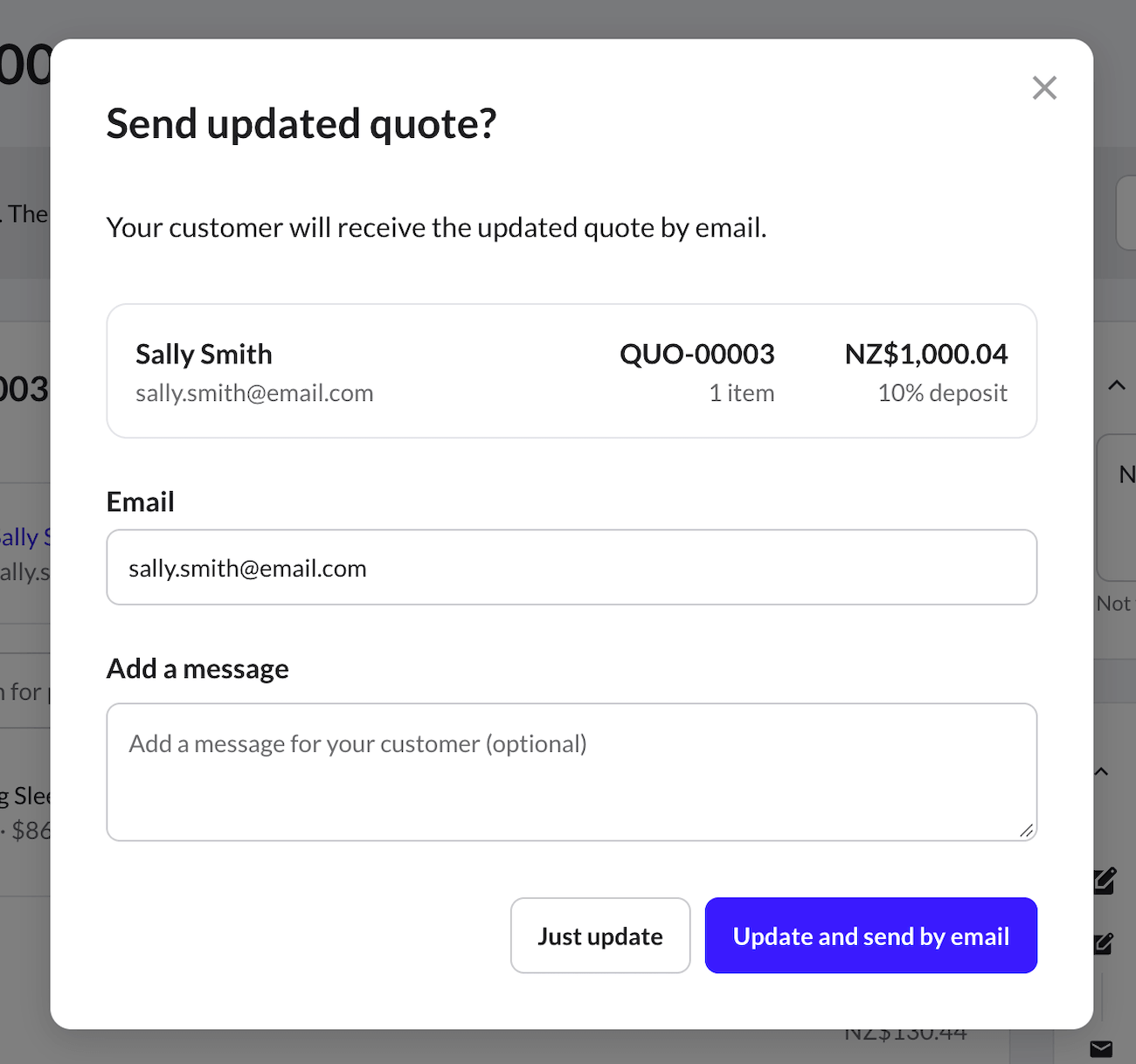 Send updated quote pop-up with Update and send by email button.