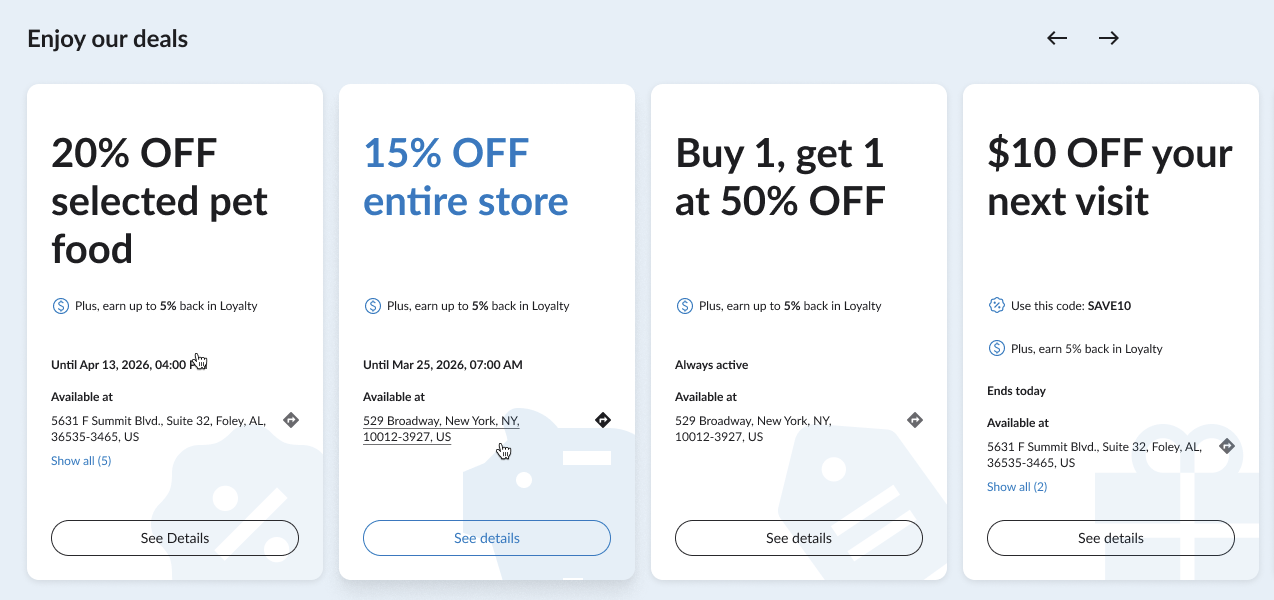 Example of the Enjoy our deals section with promotion cards