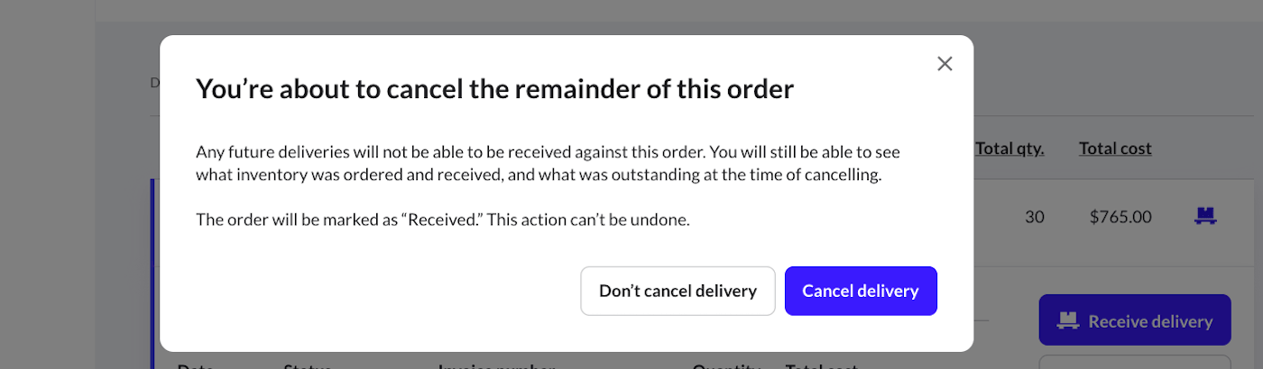 Pop-up ter bevestiging dat het resterende deel van de levering wordt geannuleerd en dat deze actie niet ongedaan kan worden gemaakt.