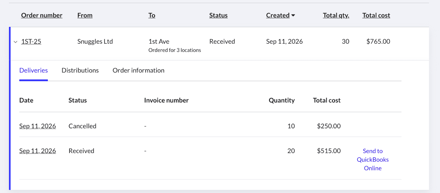Ligne de commande agrandie affichant l'option Envoyer à QuickBooks en ligne.