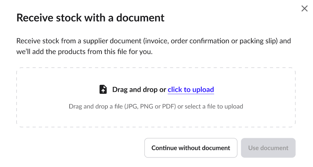 Fenêtre contextuelle Réceptionner des stocks avec un document.