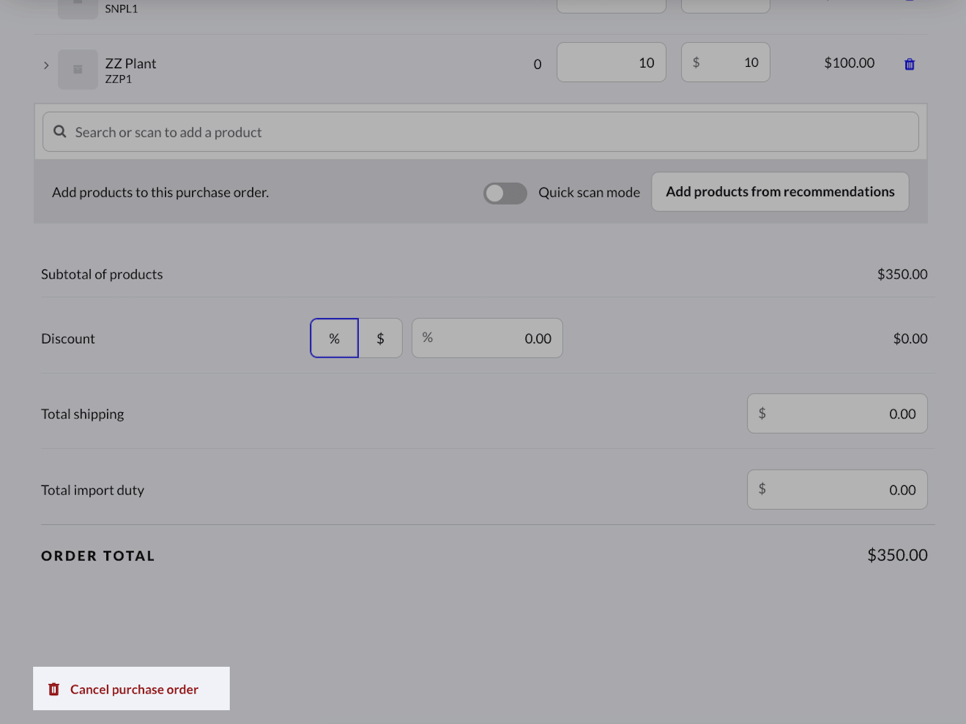 Page du bon de commande avec l'option Annuler le bon de commande en surbrillance.