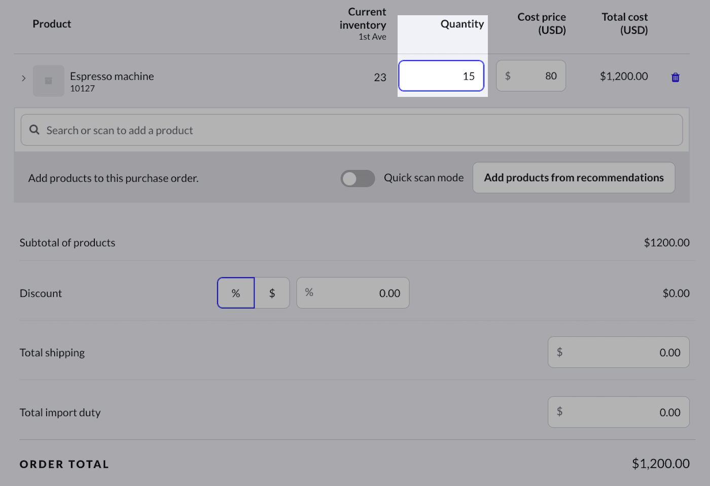Product met uitgelicht veld Aantal