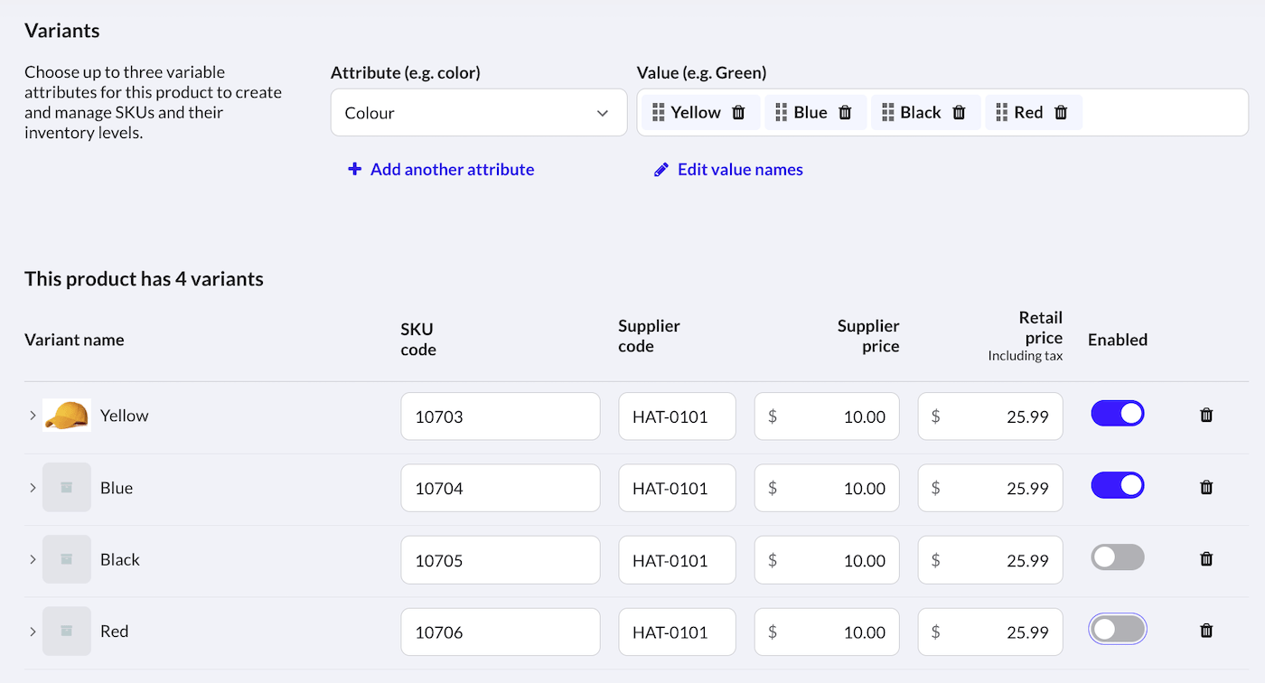 Variants section with product variant rows and Enabled toggles.