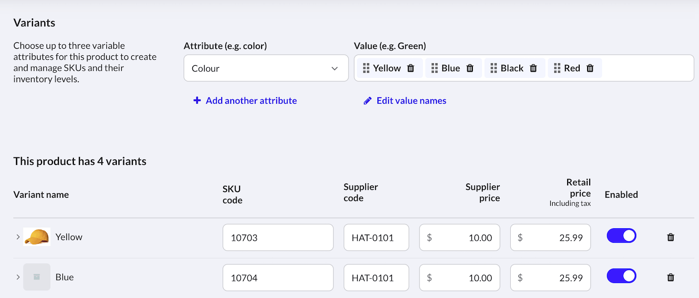 Variant section on the product page.