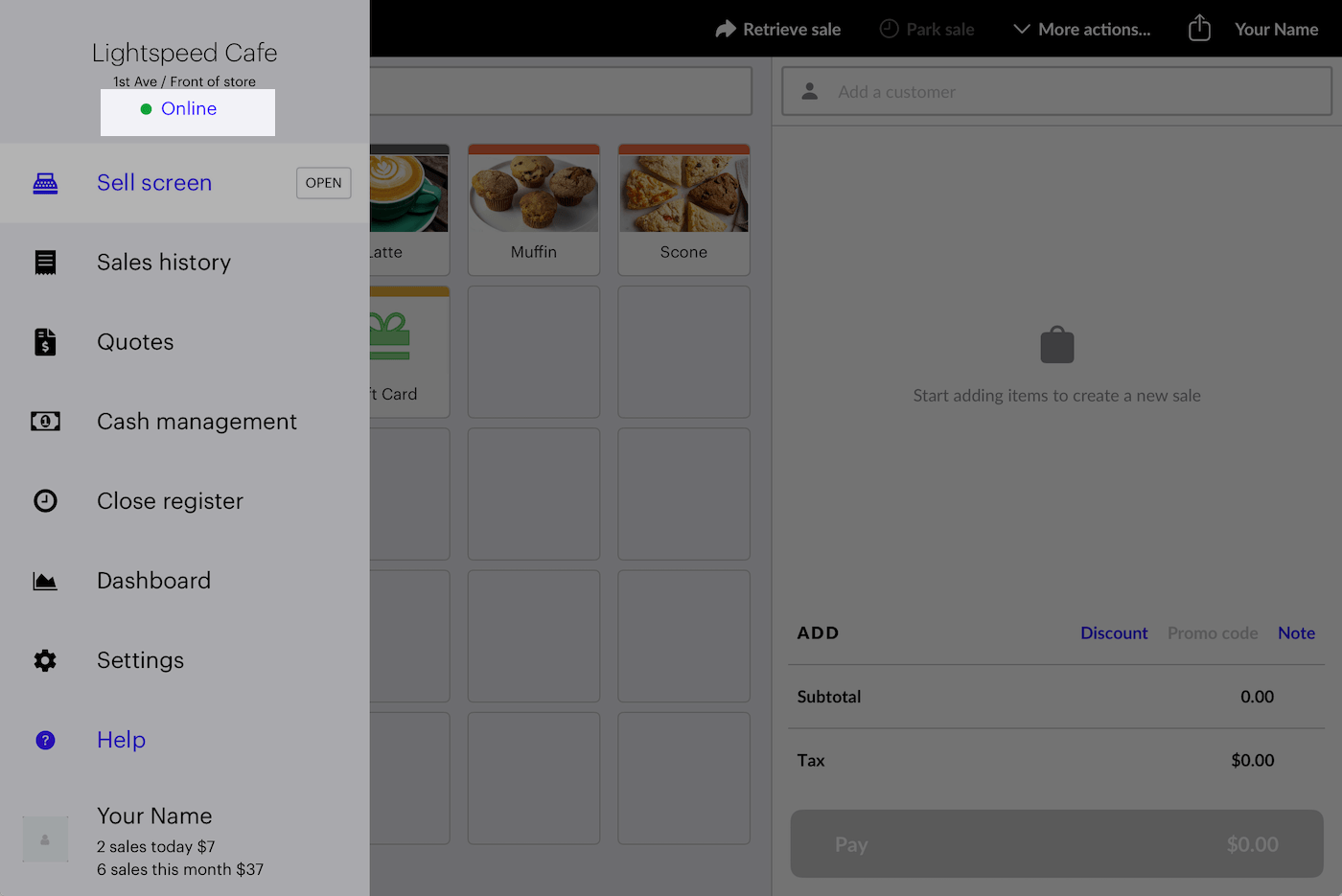 Sidebar menu with Online status highlighted.