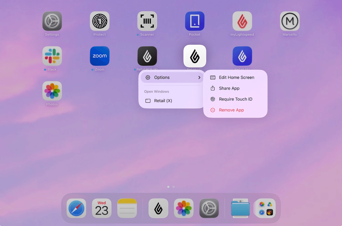 Home screen with Retail app Options menu displayed.