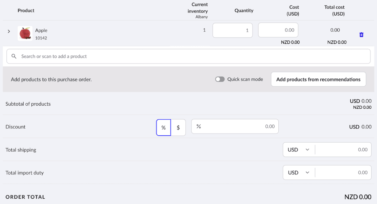 The Discount, Total shipping, and Total import duty fields. The shipping and import duty fields have currency selection dropdowns.