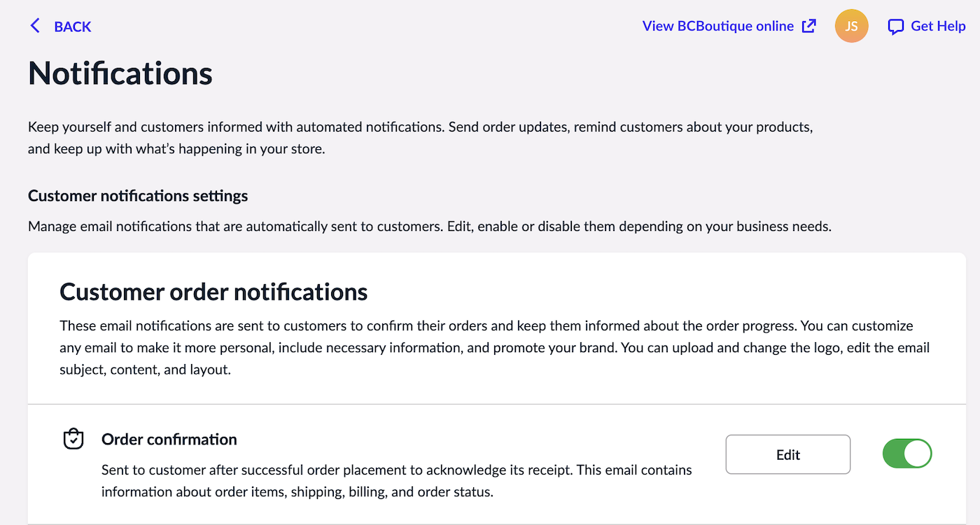 Notifications page with option to edit the Order confirmation template.