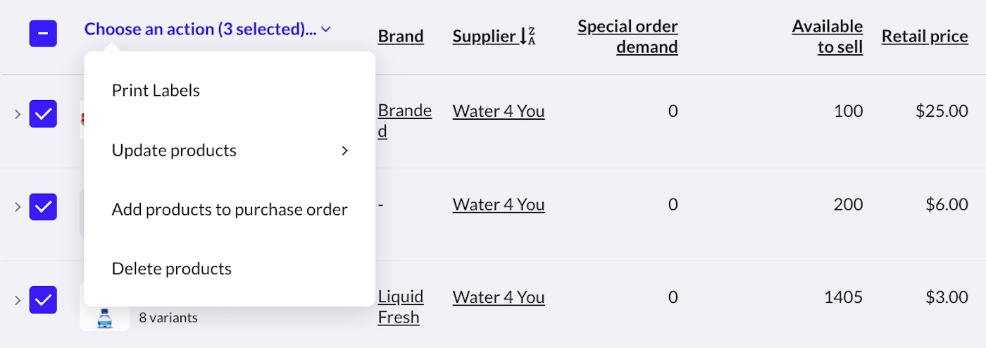 Multiple products selected with Choose an action dropdown active.