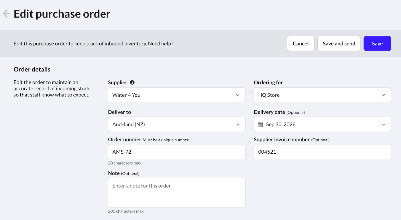Edit purchase order page.