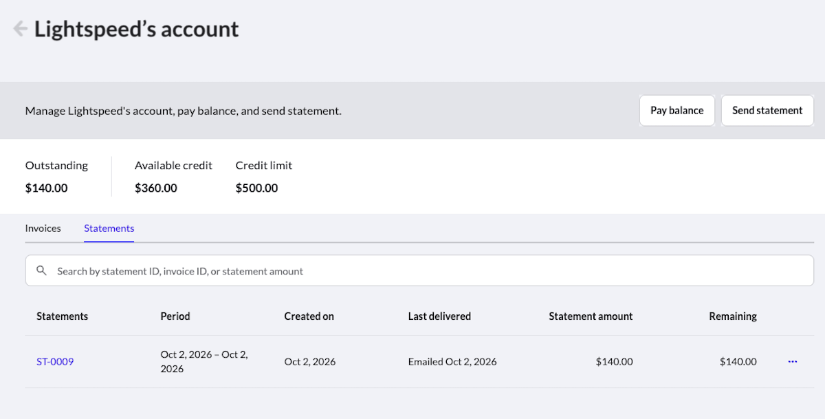 Customer's accounts receivable page on the Statements tab.