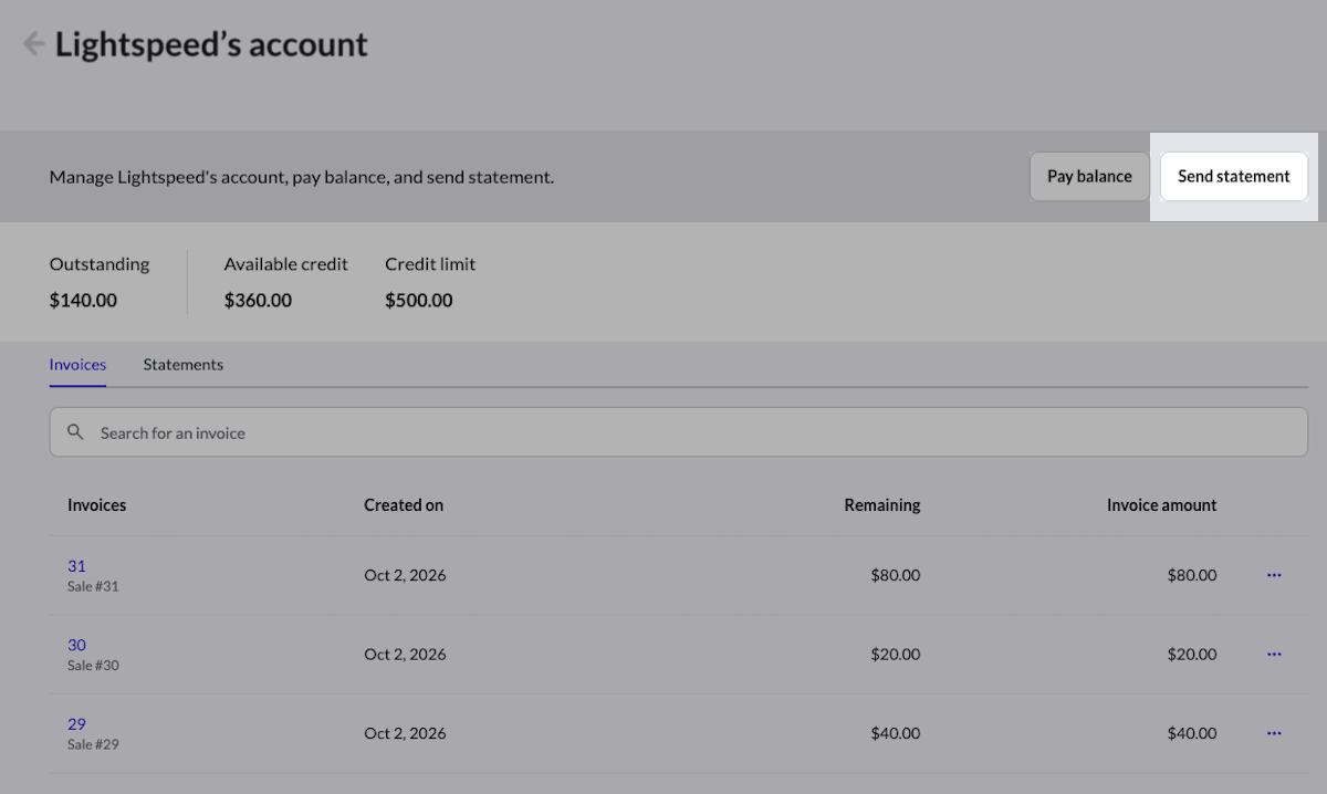Customer's accounts receivable page with Send statement button highlighted.