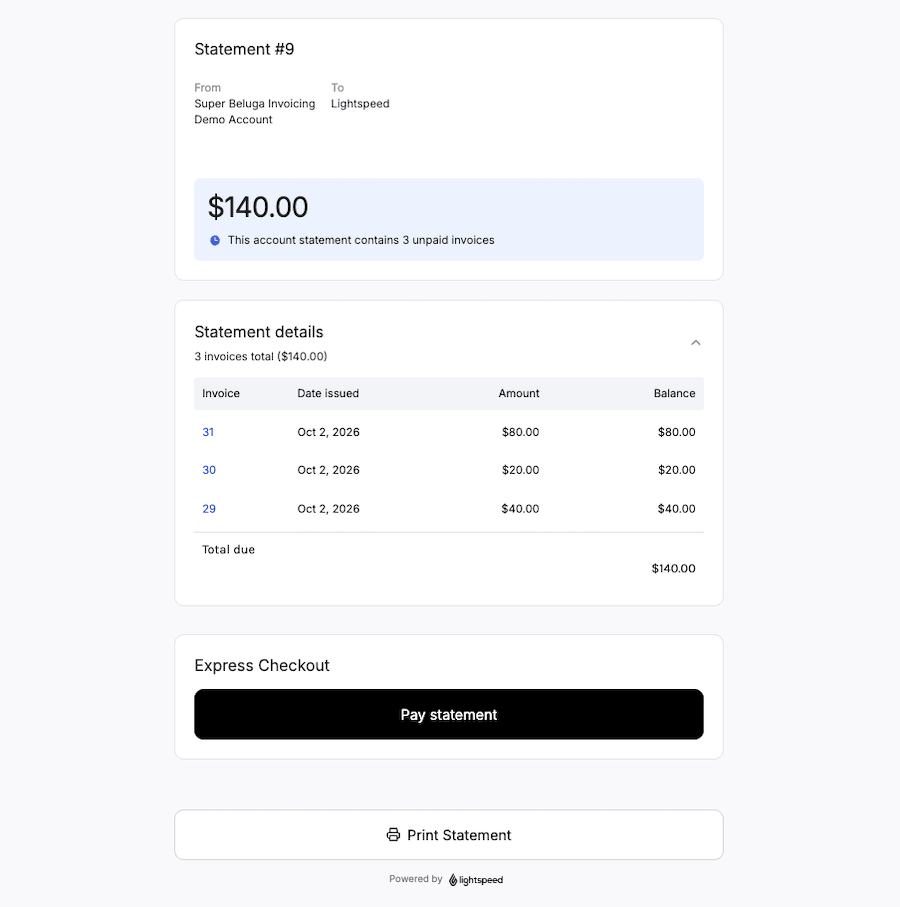 Example account statement with option to Pay statement.