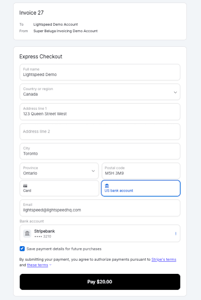 Example invoice with direct debit option selected.