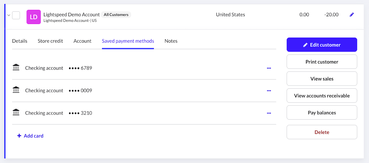 Expanded customer row with Saved payment methods tab selected.
